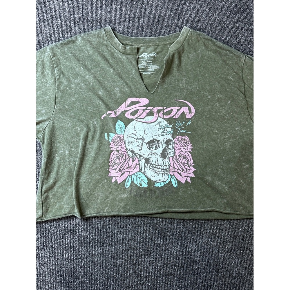 Poison Band Graphic Tee Olive Green Mineral Wash Skull Roses‎ Crop Top Medium